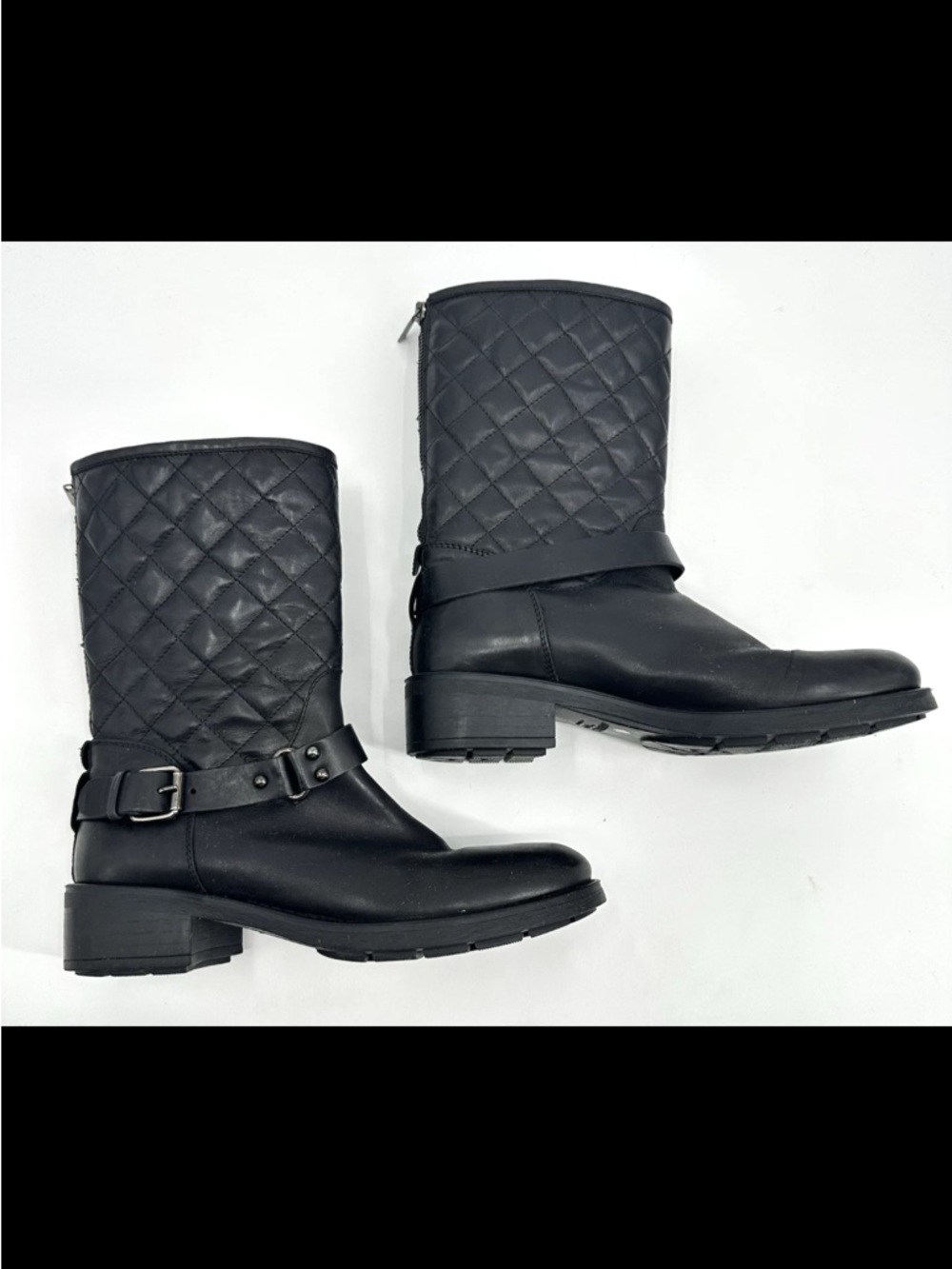 Aquatalia Leva Quilted Moto Boots Black Leather Mid Calf Buckle 8.5